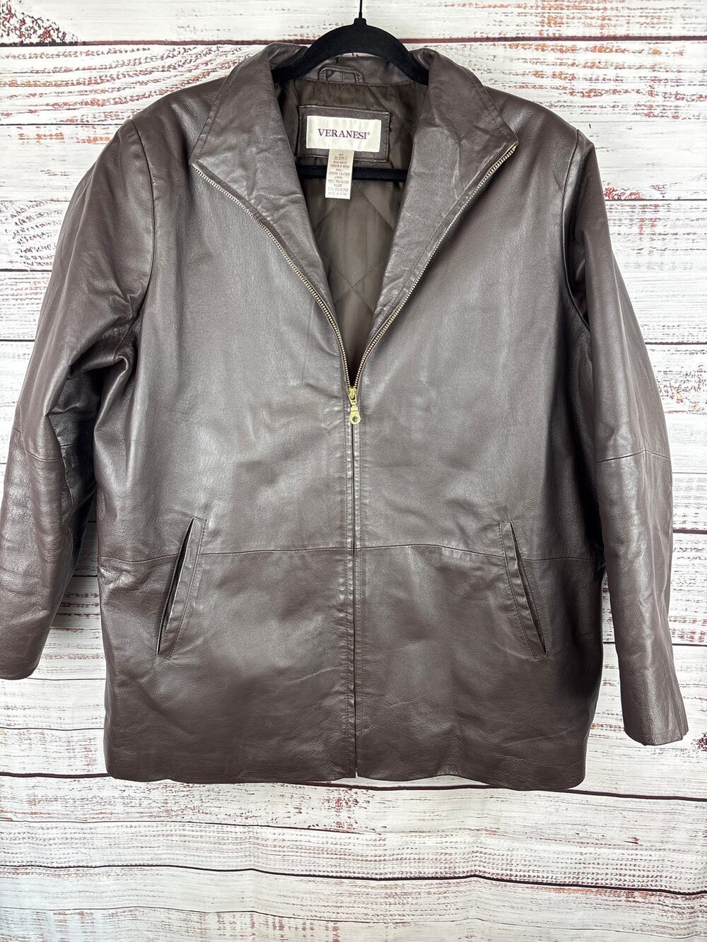 Veranesi Brown Leather Full Zip Jacket Coat Womens 18W Classic Lapel Collar